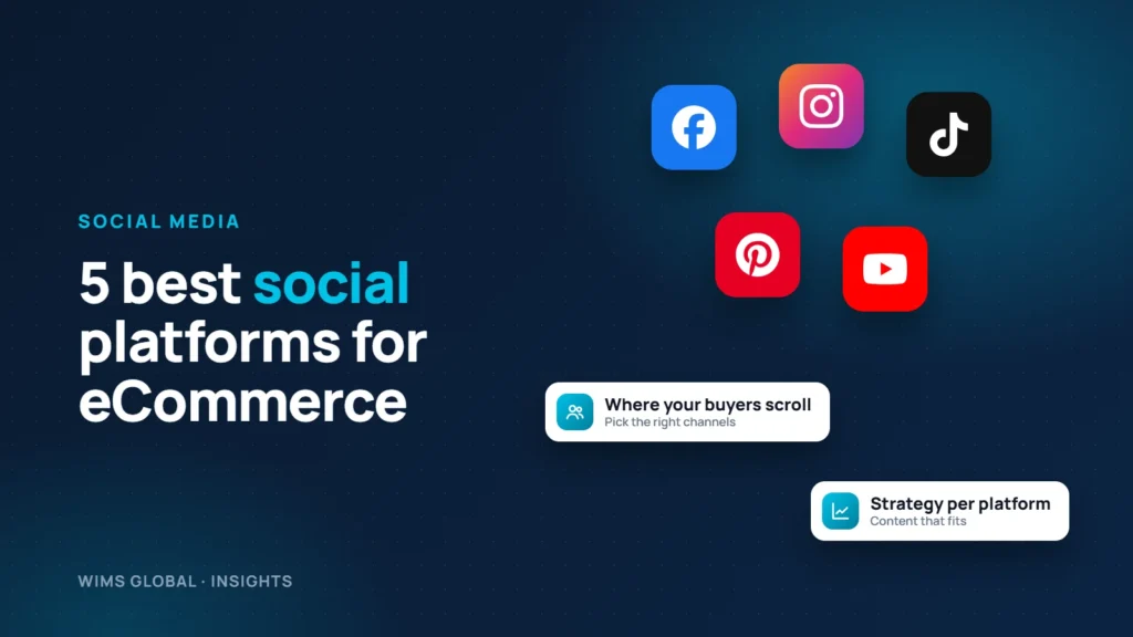 Blog cover: 5 best social platforms for eCommerce, with Facebook, Instagram, TikTok, Pinterest and YouTube icons